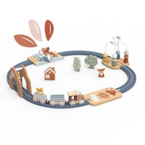 Set trenuleț din lemn cu șine, poduri și activități multiple, Speedy Monkey