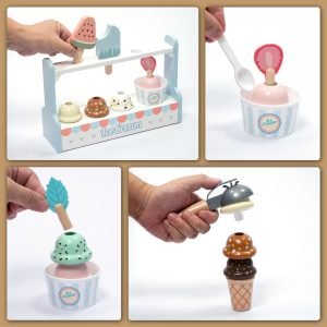 Stand de înghețată din lemn, cu topping-uri, meniu și linguri, UMU Toys