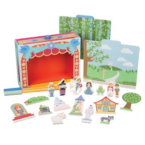 Teatru de masă din lemn cu scene interschimbabile și personaje din basme, Orange Tree Toys
