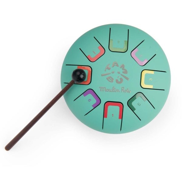 Tobă muzicală metalică cu 8 note colorate și 2 bețe, Moulin Roty