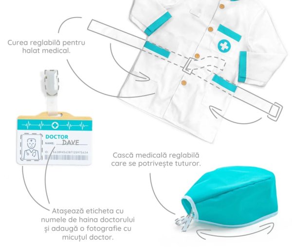 Trusă completă de doctor cu halat, rucsac și 20 de piese, turcoaz, UMU Toys