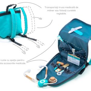 Trusă completă de doctor cu halat, rucsac și 20 de piese, turcoaz, UMU Toys