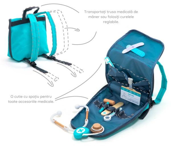 Trusă completă de doctor cu halat, rucsac și 20 de piese, turcoaz, UMU Toys