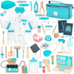 Trusă de doctor Deluxe din lemn, cu halat, stetoscop și tensiometru, UMU Toys