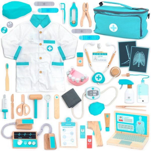 Trusă de doctor Deluxe din lemn, cu halat, stetoscop și tensiometru, UMU Toys