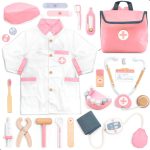Trusă de doctor din lemn și textil, cu halat și rucsac, 20 de piese, UMU Toys