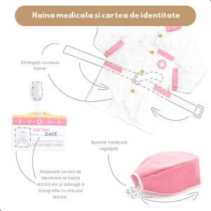 Trusă de doctor din lemn și textil, cu halat și rucsac, 20 de piese, UMU Toys