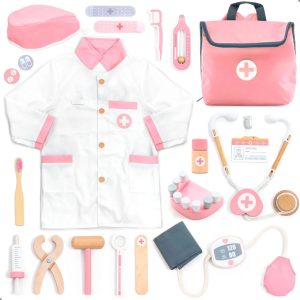 Trusă de doctor din lemn și textil, cu halat și rucsac, 20 de piese, UMU Toys