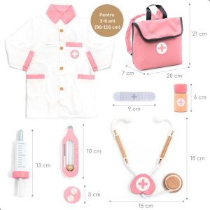 Trusă de doctor din lemn și textil, cu halat și rucsac, 20 de piese, UMU Toys
