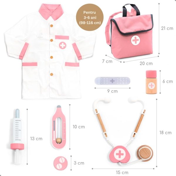 Trusă de doctor din lemn și textil, cu halat și rucsac, 20 de piese, UMU Toys